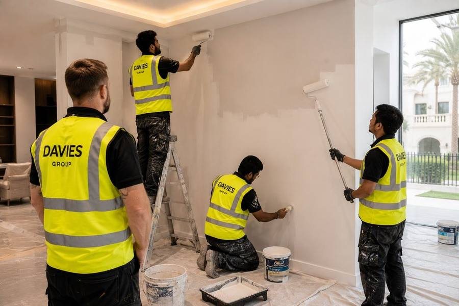 Davies Group team painting interior walls during a villa renovation