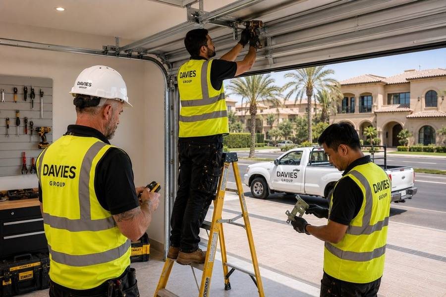 Davies Group team installing a garage door track at a Dubai villa