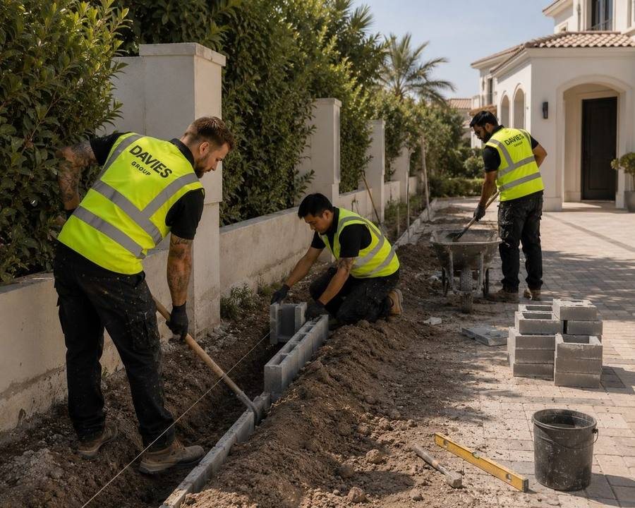 Davies Group team building a boundary wall as part of a villa landscaping project