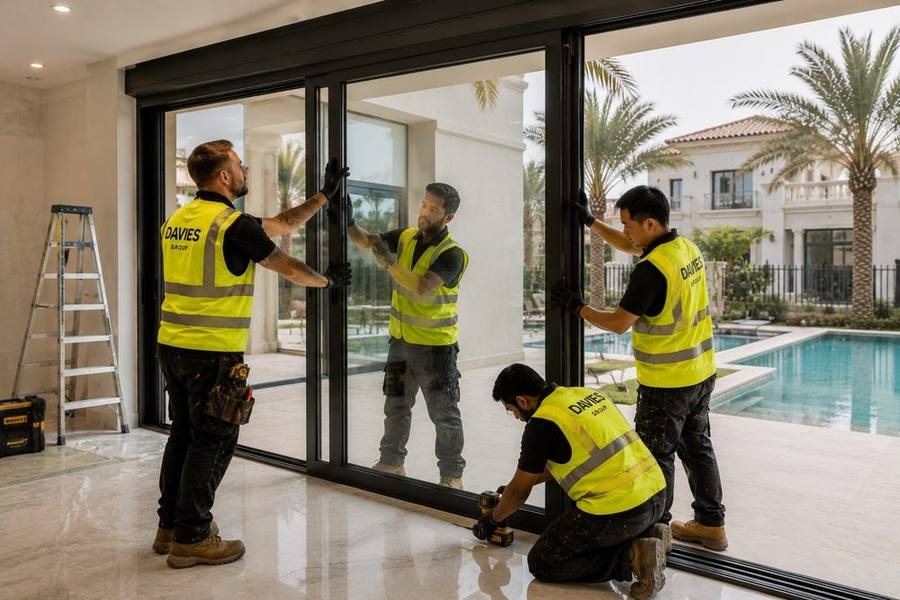 Davies Group team installing sliding glass doors at a Dubai villa