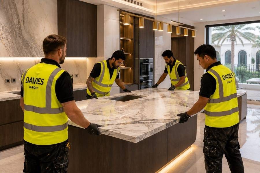 Davies Group marble kitchen countertop installation in a Dubai villa renovation