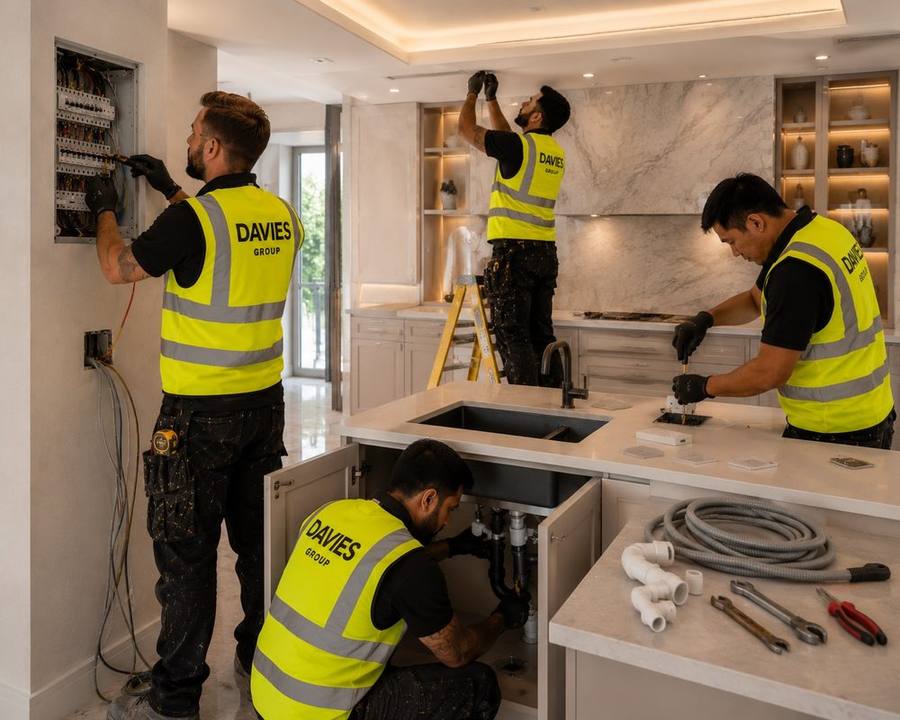 Davies Group electrical and plumbing team working together in a villa kitchen renovation