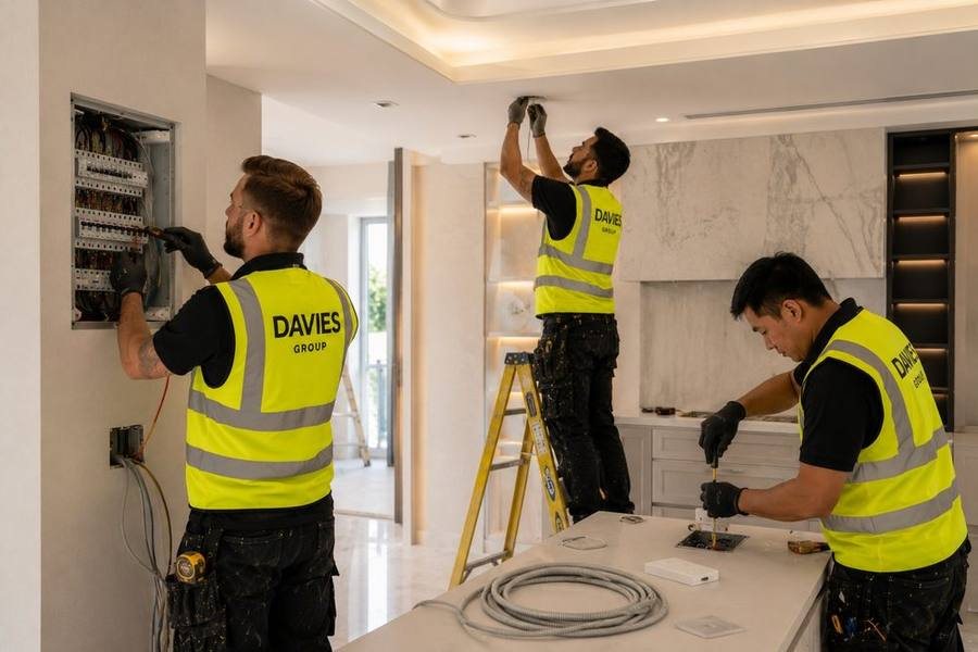 Davies Group electricians wiring a villa electrical panel