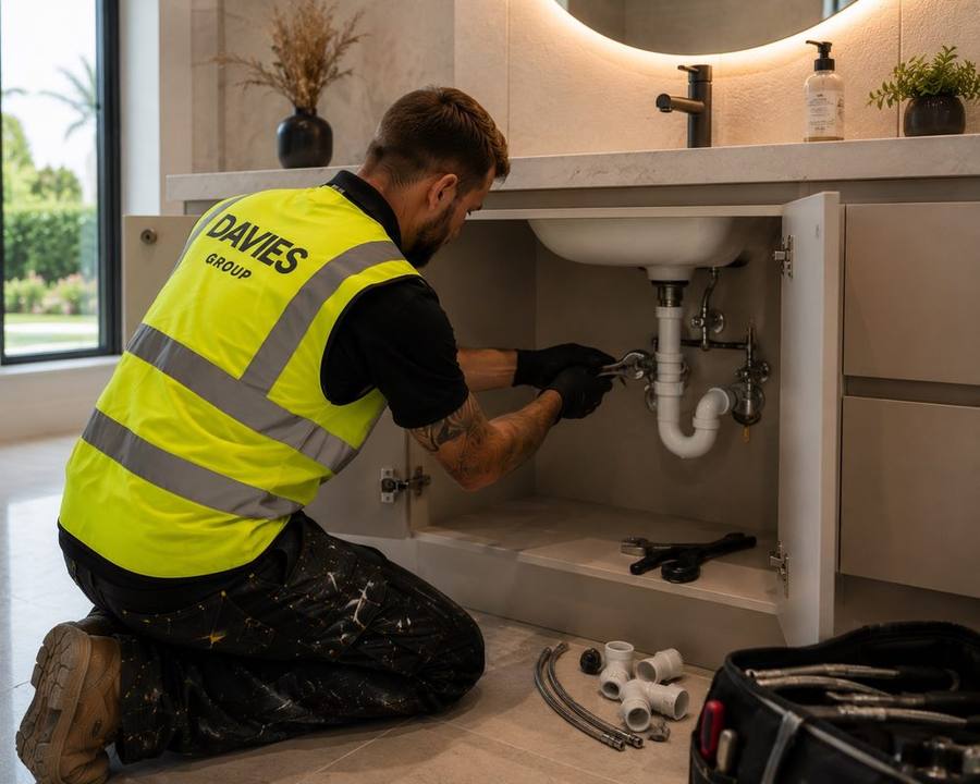 Davies Group plumber connecting pipework under a villa bathroom sink