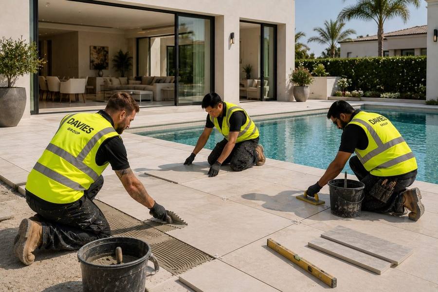 Davies Group team installing large-format outdoor porcelain tiling beside a villa pool