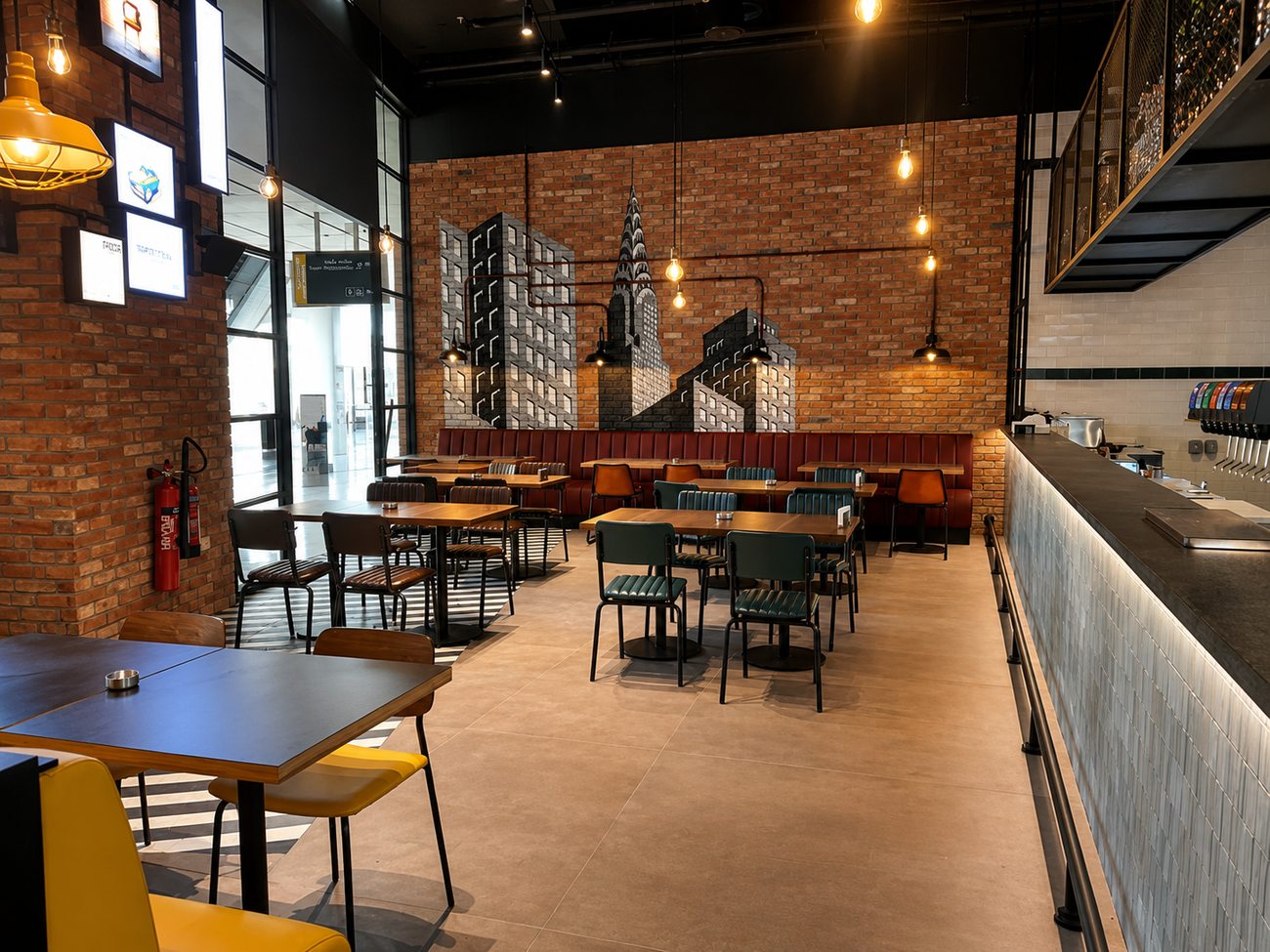 Roadster Diner dining area with brick mural and tap counter, Mirdiff City Centre