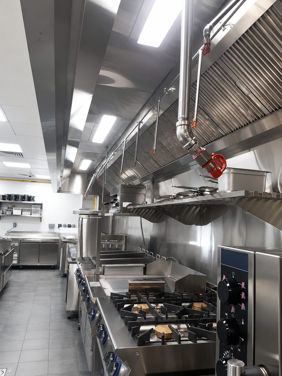Roadster Diner kitchen cooking line with extraction hood, Mirdiff City Centre