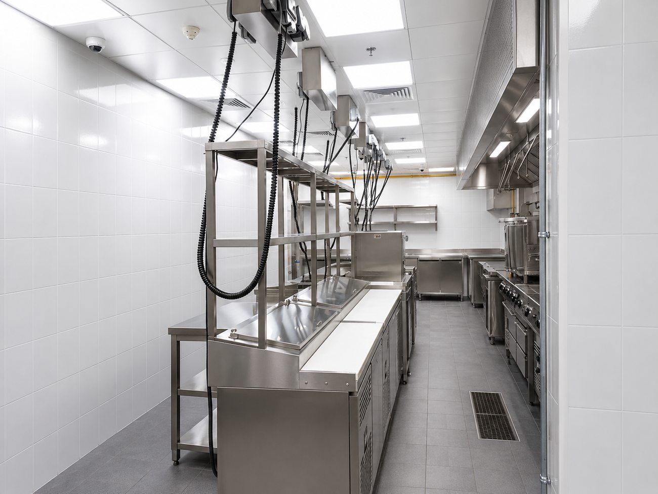 Roadster Diner kitchen prep line with stainless steel counters, Mirdiff City Centre