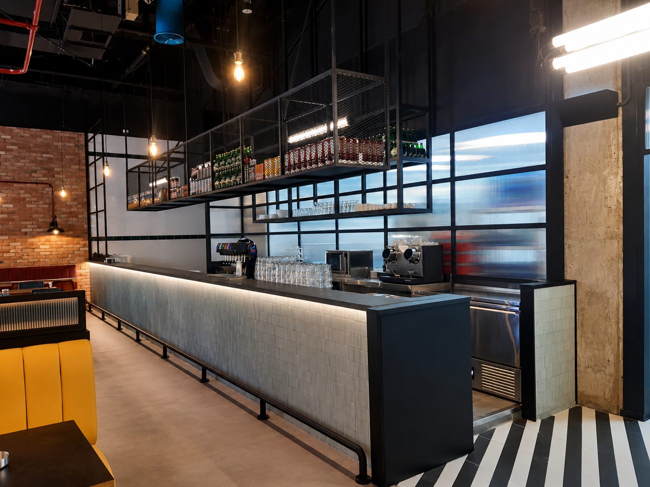 Roadster Diner service bar with glass shelving, Mirdiff City Centre
