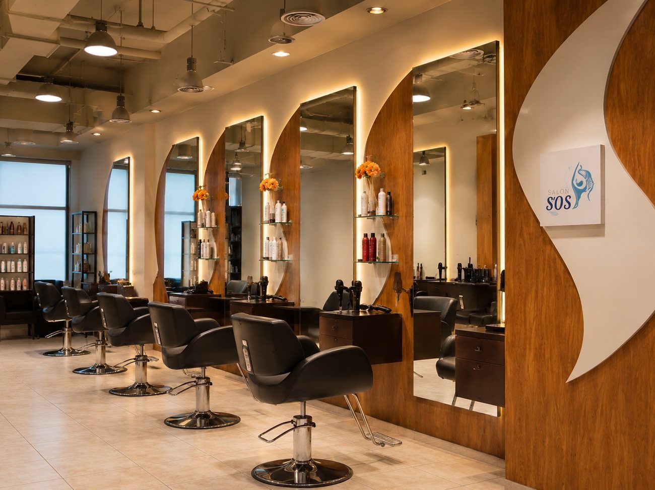 SOS Salon styling stations and backlit mirror wall by Davies Group UAE