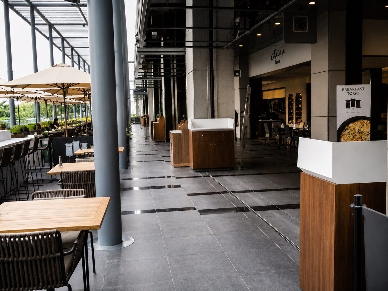Covered Walkway with Breakfast to Go Signage, DIFC, Dubai
