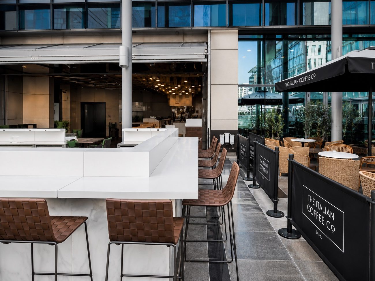DIFC Terrace Bar Counter with Coffee Signage, Dubai