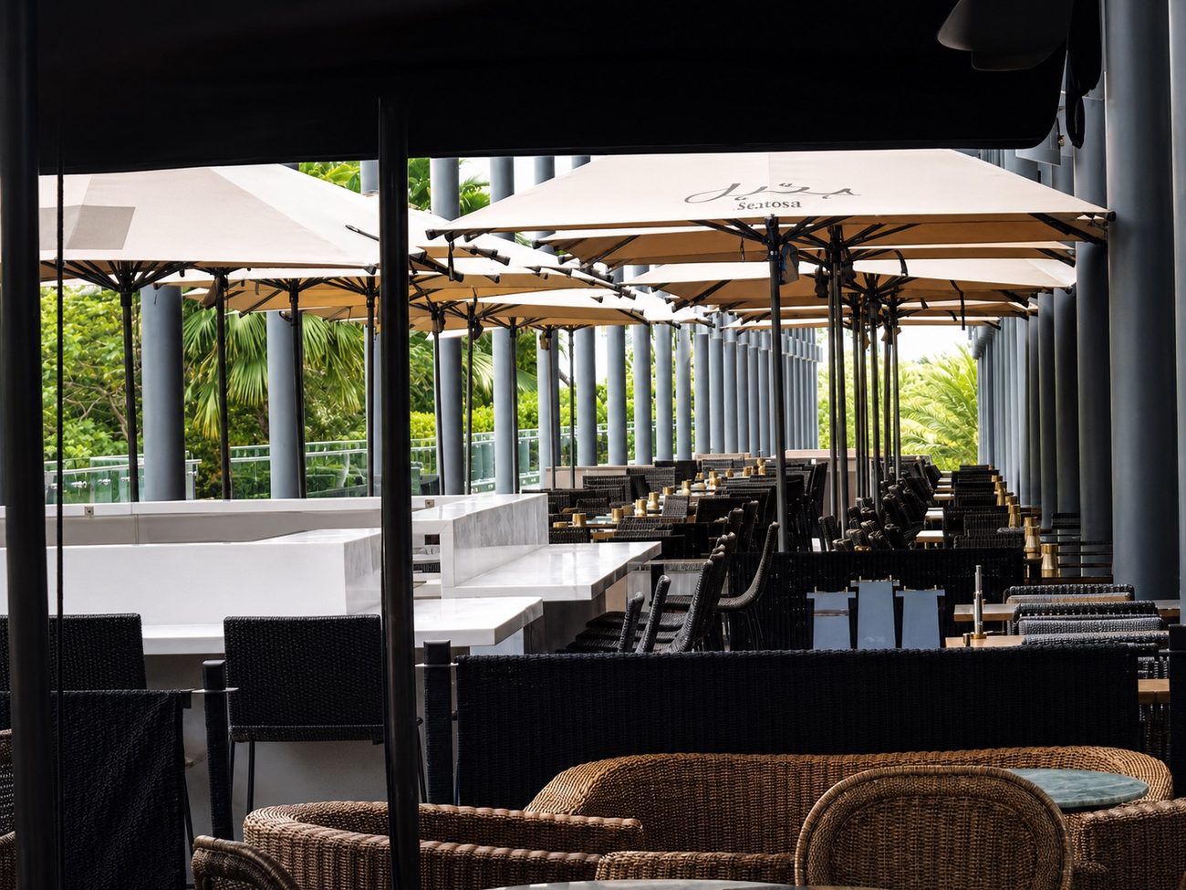 DIFC Terrace with Umbrellas and Palm Trees, Dubai